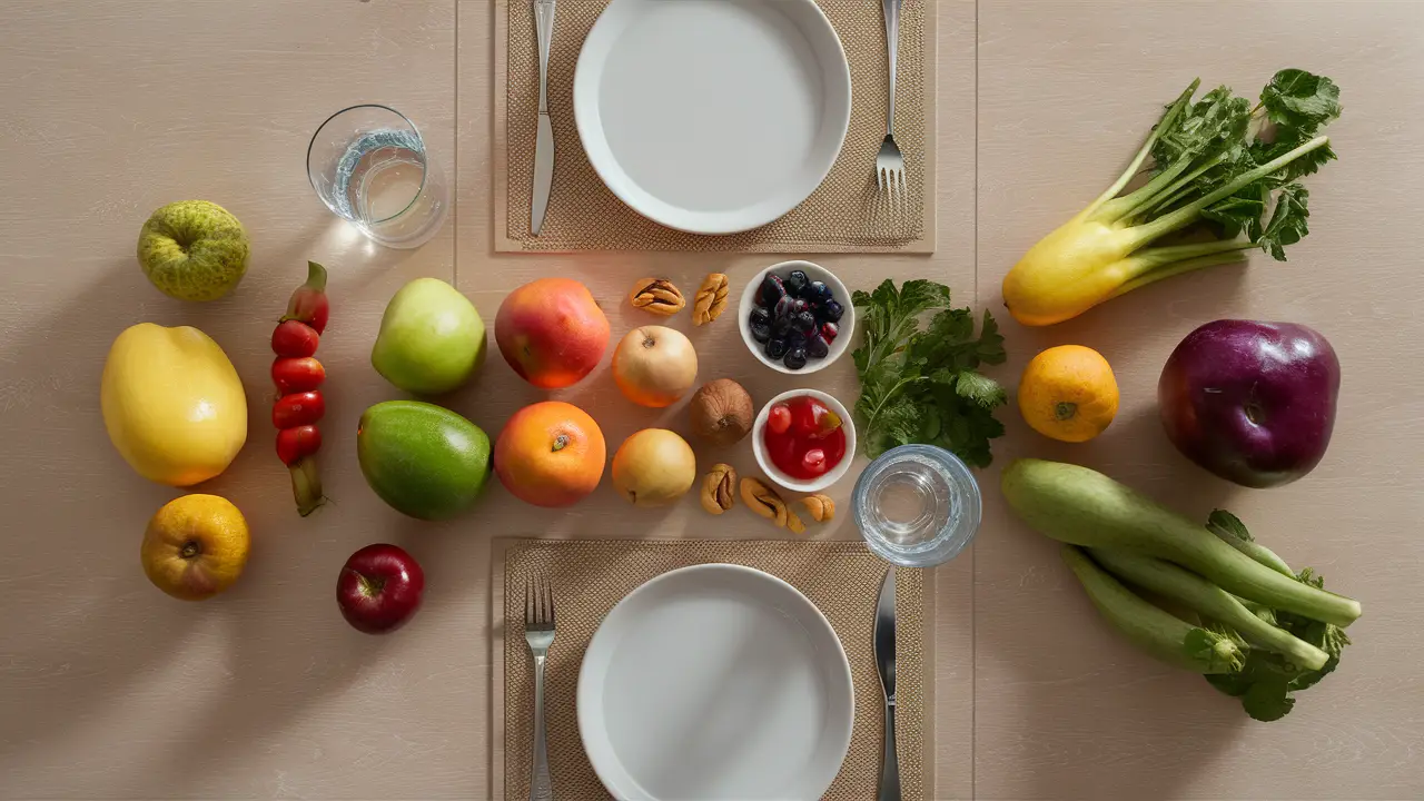 Uma mesa organizada com frutas frescas, vegetais, nozes e um copo de água em uma superfície de madeira clara.