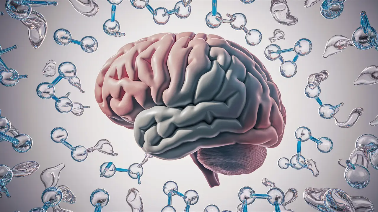 Cérebro humano cercado por estruturas moleculares de ácidos graxos ômega-3 em azul e prata.