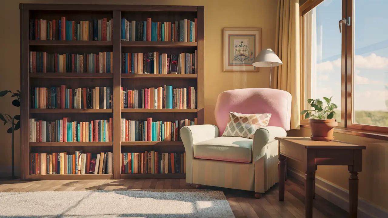 Estante de livros cheia de livros coloridos, planta em vaso pequeno e poltrona ao lado de janela em dia ensolarado.