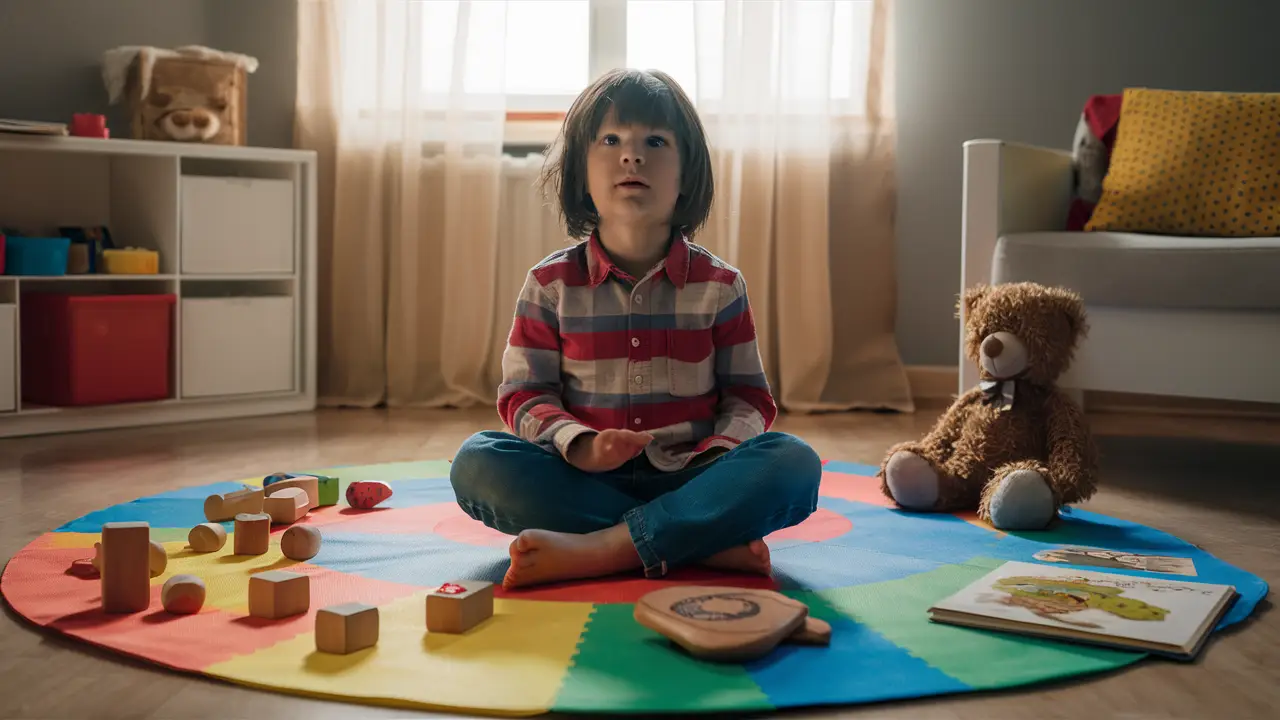 Criança sentada em tapete colorido com blocos de madeira, ursinho de pelúcia e livro ilustrado em sala iluminada.