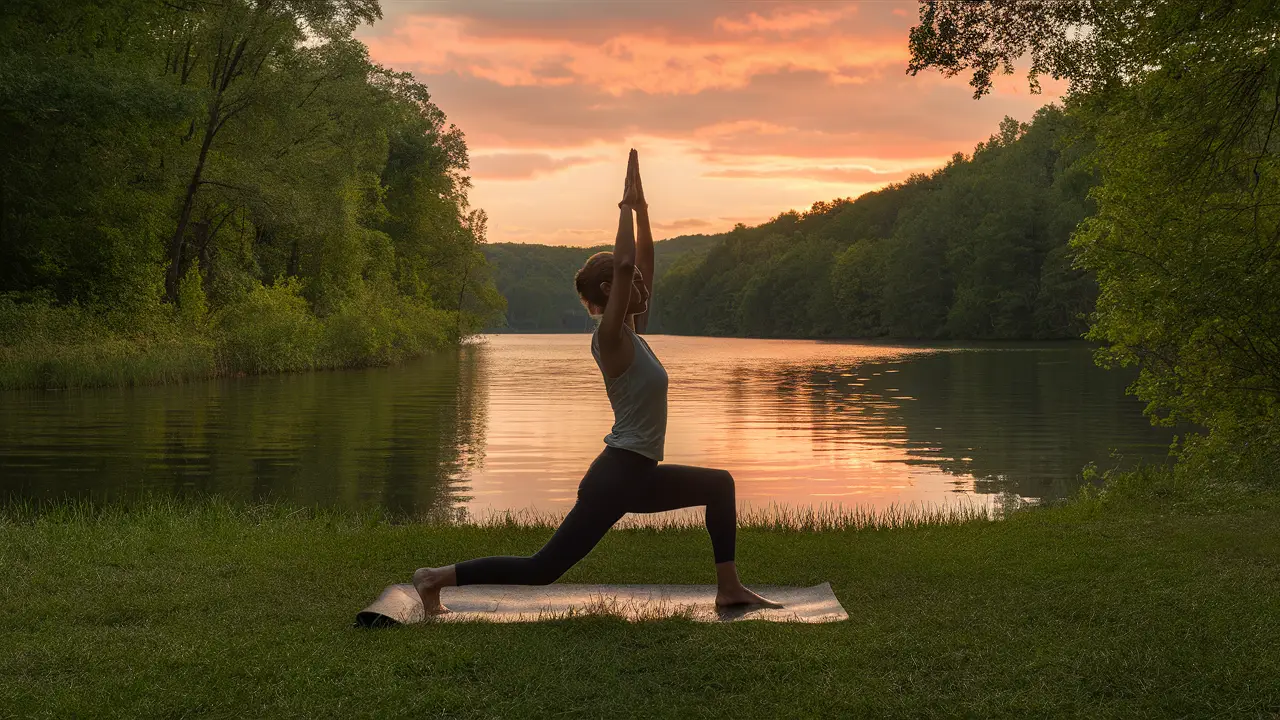 Pessoa praticando ioga em um tapete à beira do lago ao pôr do sol, com árvores verdes e água calma ao fundo.