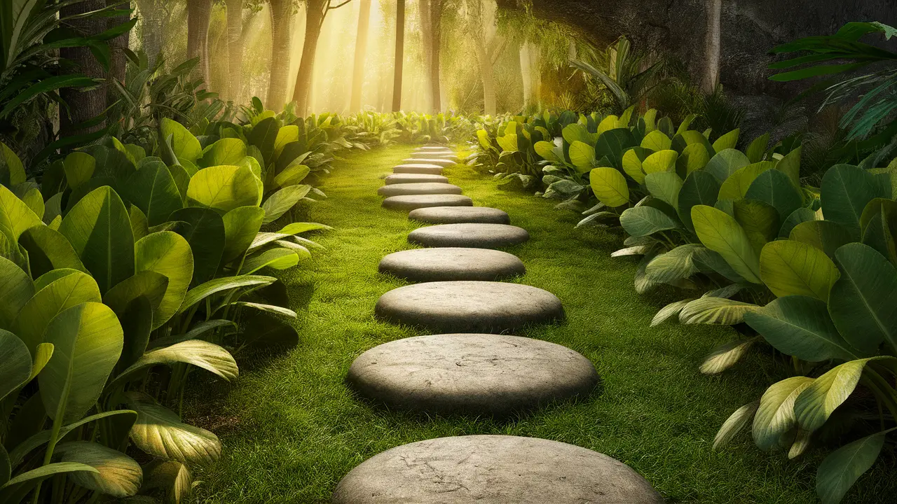 Trilha sinuosa de pedras cercada por plantas verdes em uma floresta com raios de sol entre as árvores.