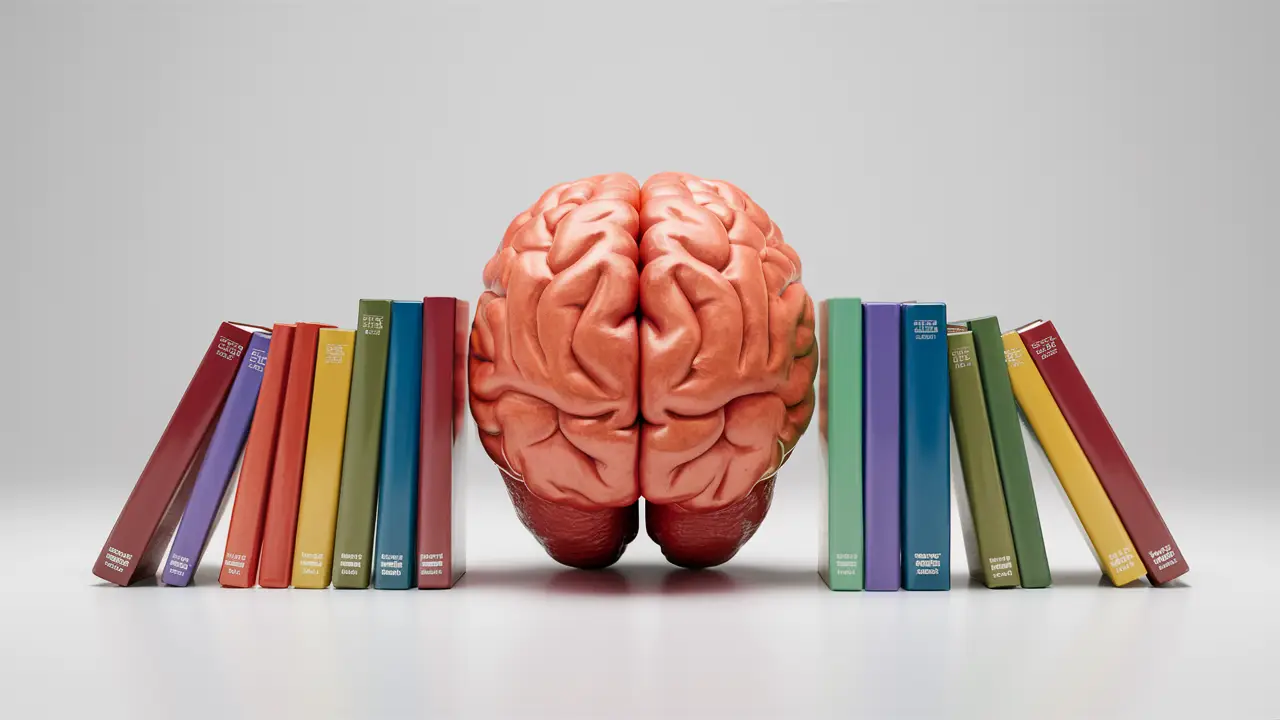 Cérebro cercado por livros coloridos representando técnicas psicológicas.