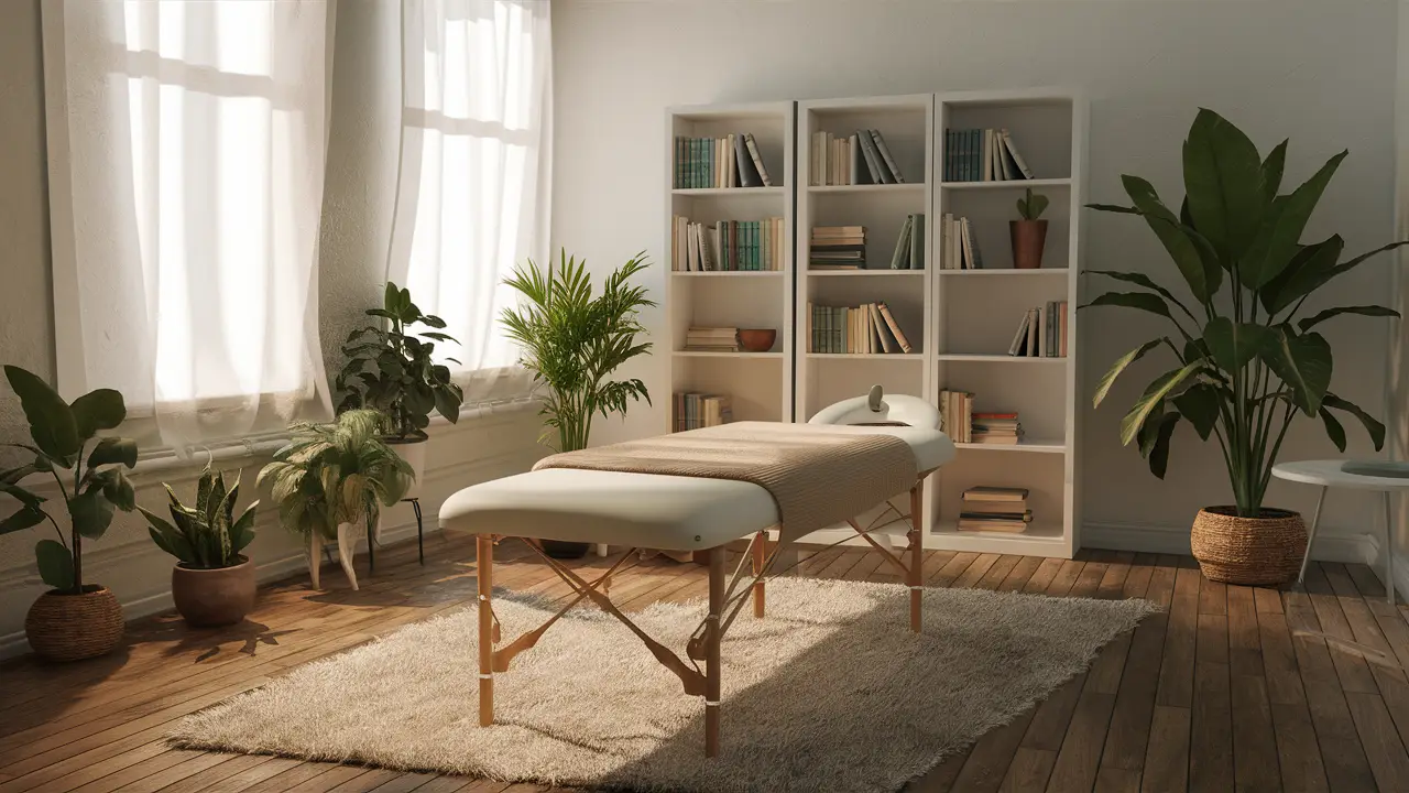Sala de terapia com mesa de massagem, plantas em vasos e estante de livros contra parede branca.