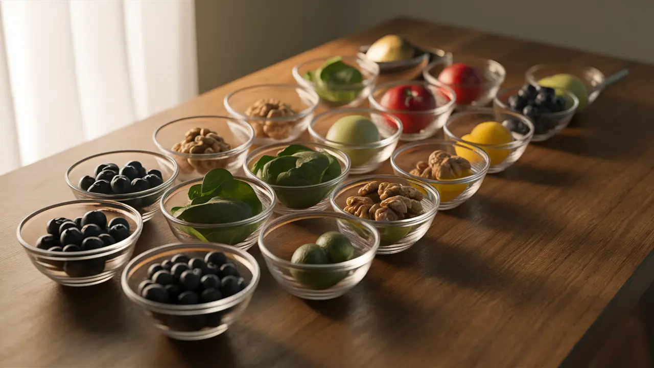 Tigela de vidro com frutas e vegetais coloridos em uma mesa de madeira com luz suave entrando pela esquerda.