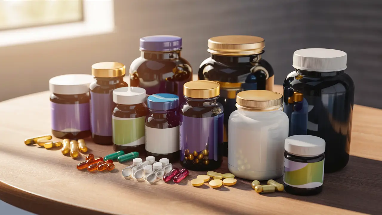 Vários frascos de suplementos coloridos e pílulas em diferentes formas e tamanhos em uma mesa de madeira.