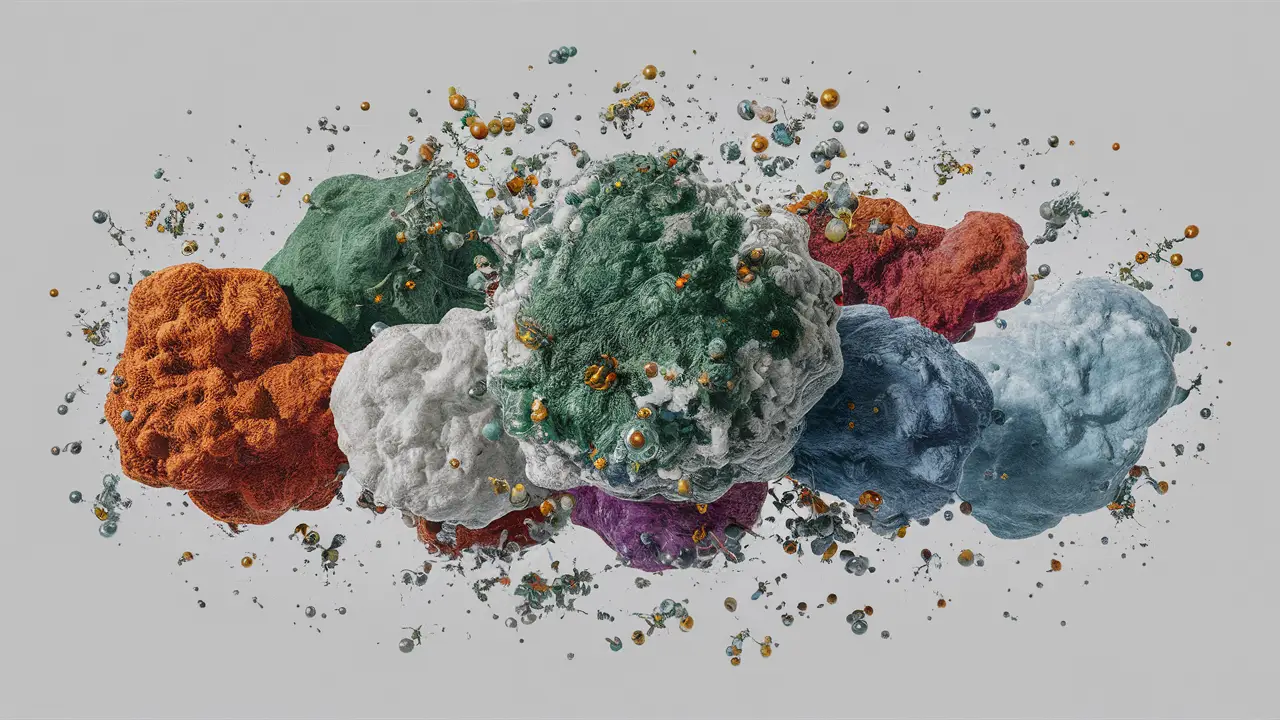 Moléculas de magnésio, zinco, ferro e cálcio coloridas flutuando em um fundo branco.