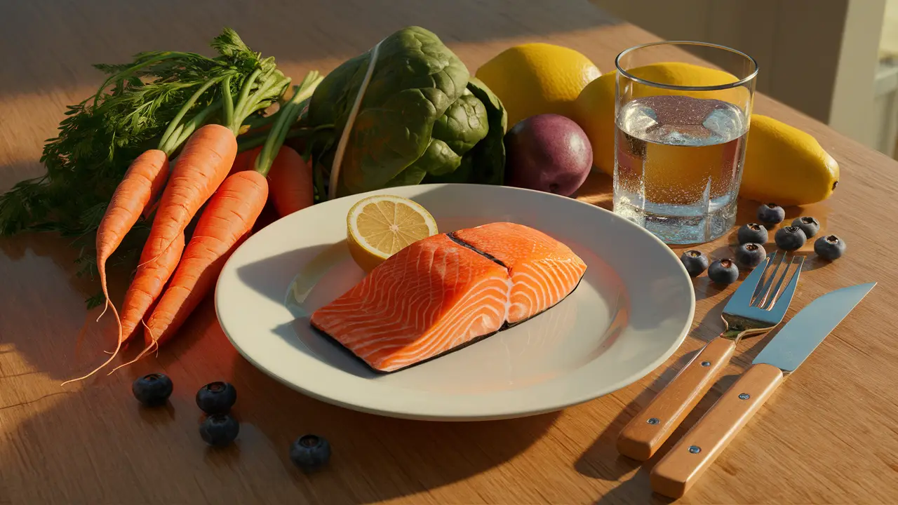 Prato com filé de salmão cercado por vegetais frescos em mesa de madeira iluminada por luz natural.