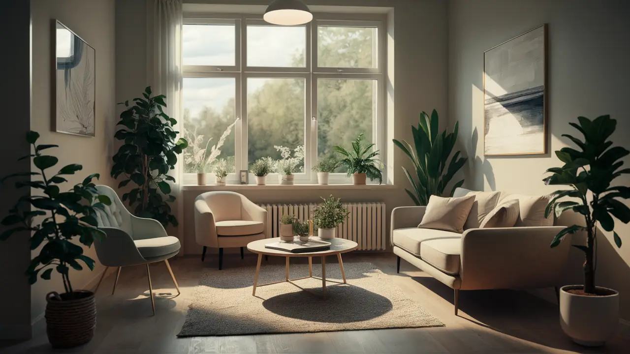 Interior da clínica psicológica moderna com assentos confortáveis, plantas e janela grande com luz natural.