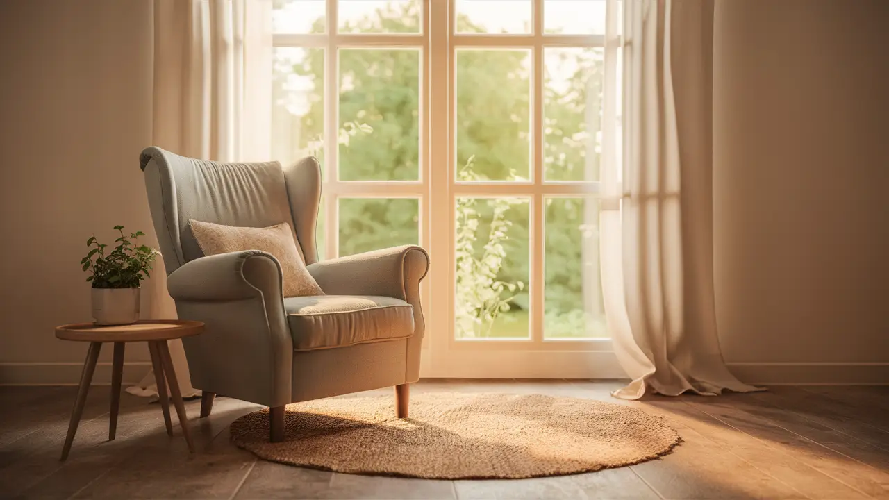 Sala tranquila com uma poltrona acolhedora, mesa de madeira com planta, e luz entrando pela janela.