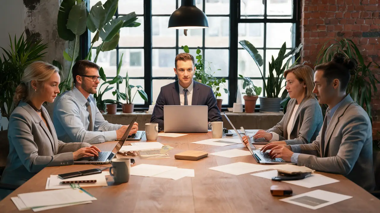 Equipe de suporte profissional em escritório moderno, usando laptops e cercada por plantas e materiais de escritório.