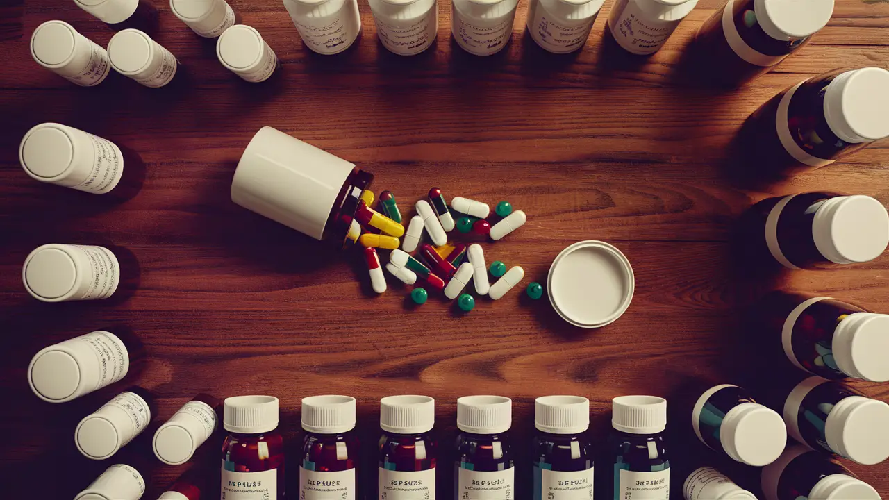 Frascos de pílulas organizados em uma mesa, com rótulos brancos e pílulas coloridas espalhadas.