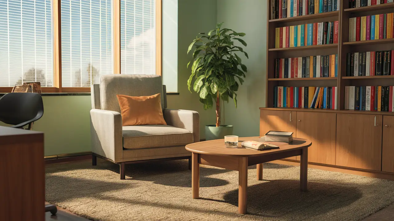 Consultório acolhedor com poltrona, mesa de café, estantes de livros, planta e janela com luz solar.