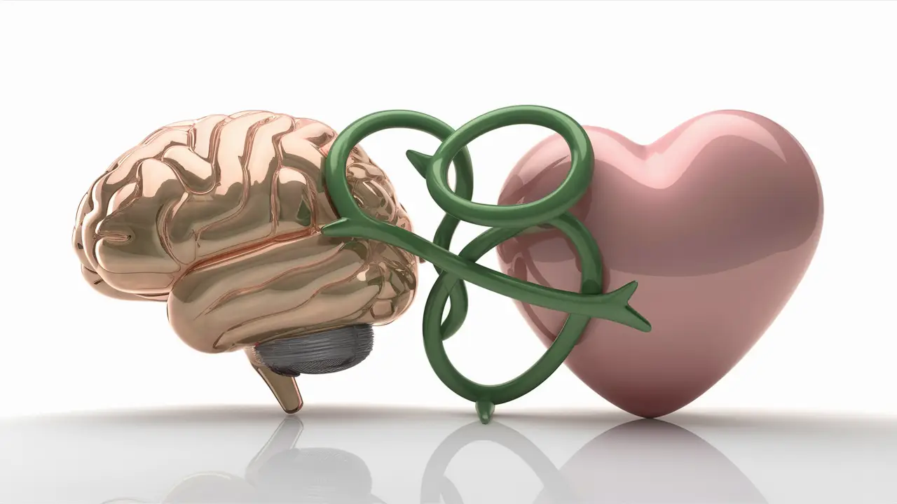 Cérebro e coração conectados por vinhas entrelaçadas, em tons pastel, em fundo branco, simbolizando saúde mental.