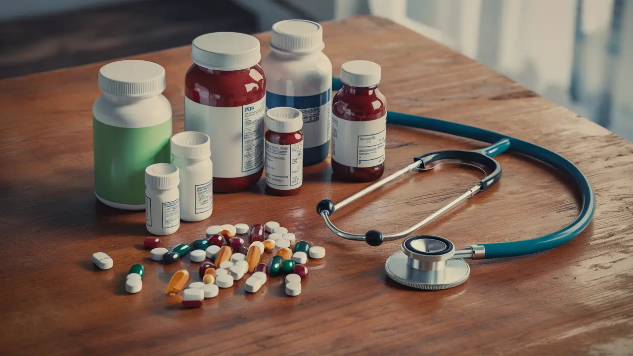 Pílulas coloridas e frascos de medicação sobre uma mesa de madeira, com um estetoscópio ao lado.