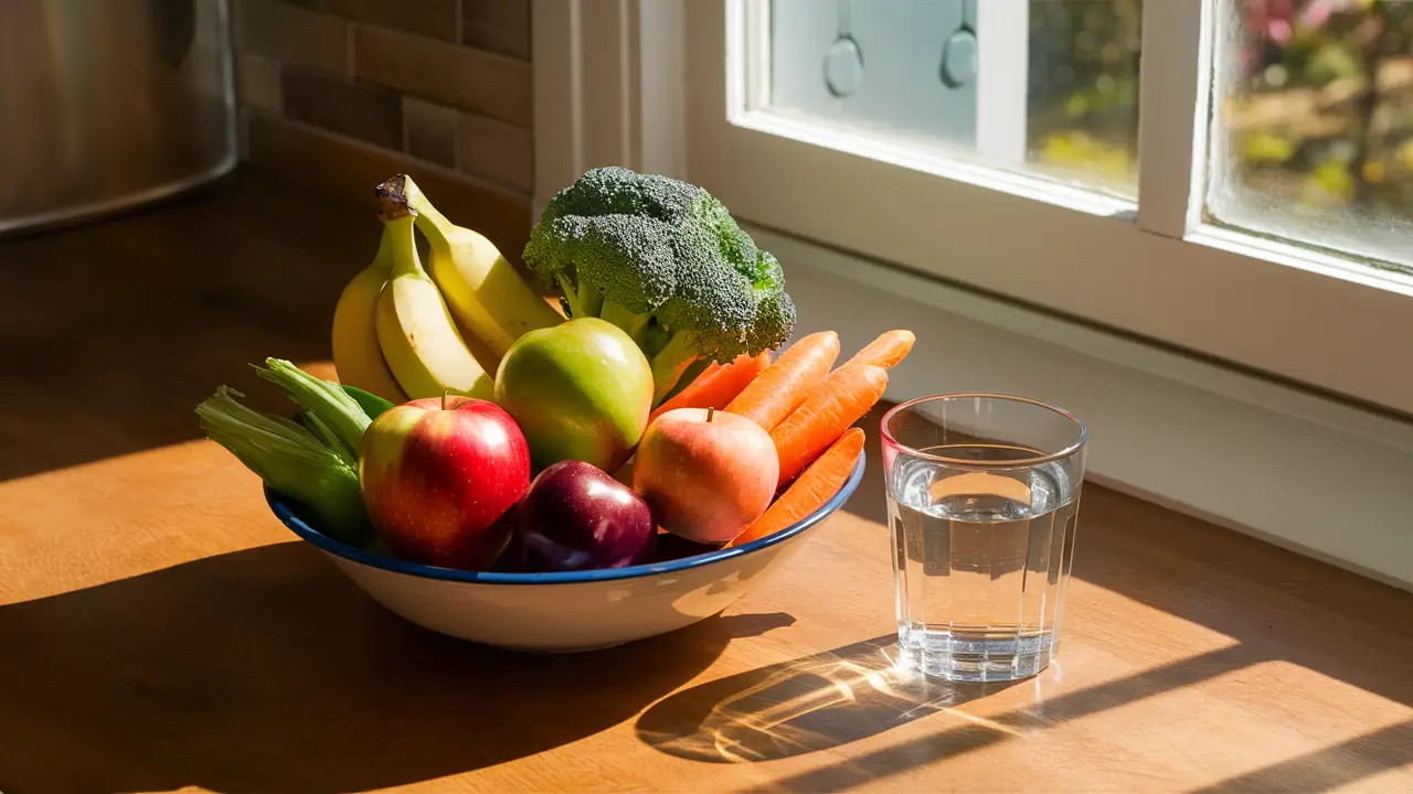 Tigela com frutas e vegetais frescos, como maçãs, bananas, brócolis e cenouras, ao lado de um copo d'água em uma mesa de cozinha.