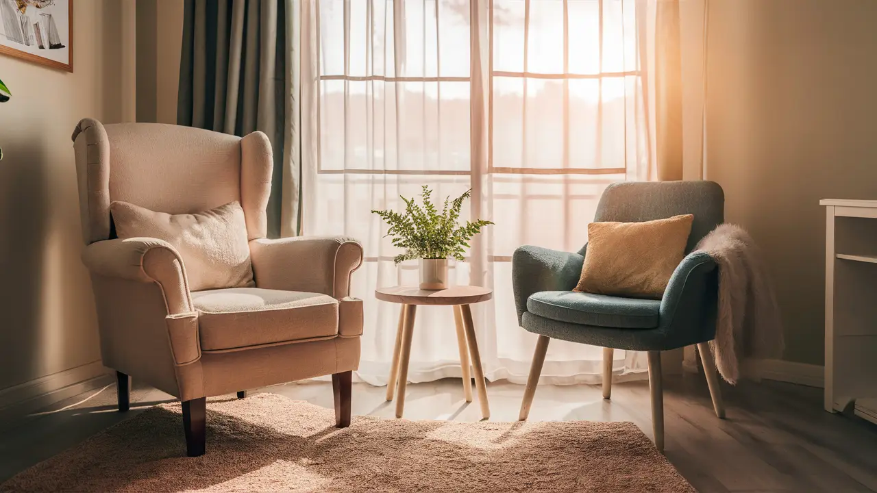 Sala de terapia acolhedora com poltrona bege, mesa de madeira, planta verde e janela grande com luz suave.