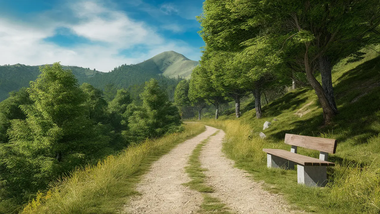 Caminho de montanha com árvores verdes, banco de madeira e céu azul claro com nuvens brancas.