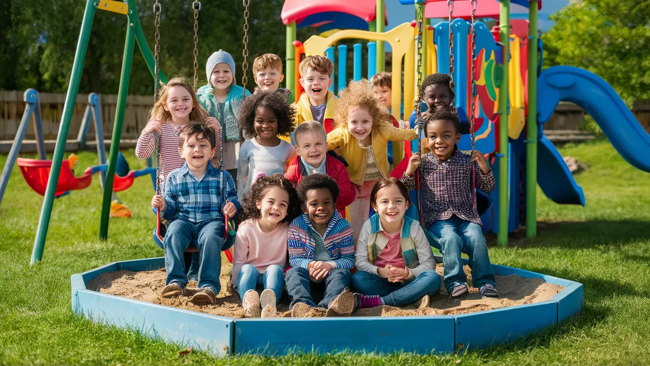 Crianças de diferentes origens brincando juntas em um playground colorido com balanços e escorregadores.