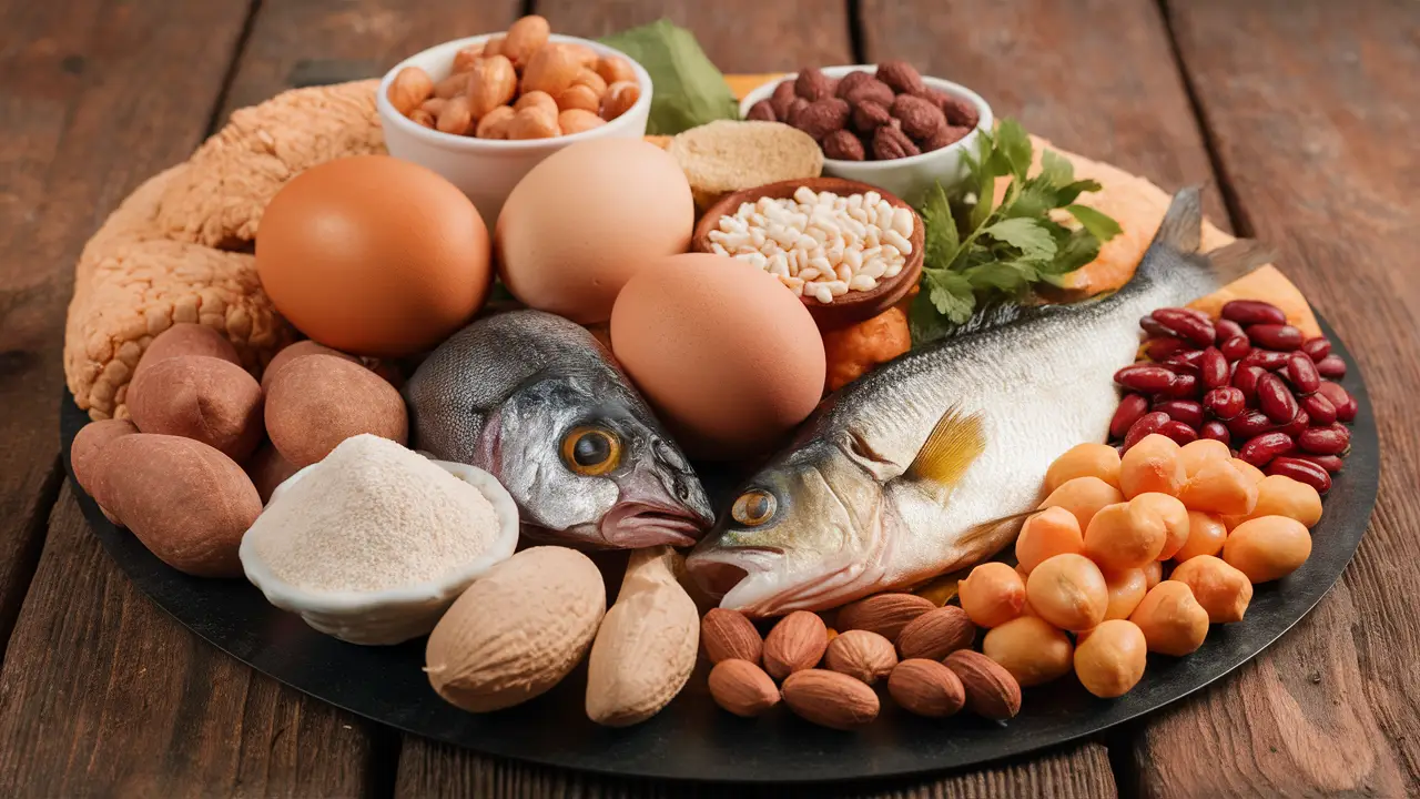 Alimentos ricos em proteínas como ovos, peixe, nozes e feijões em uma mesa de madeira.