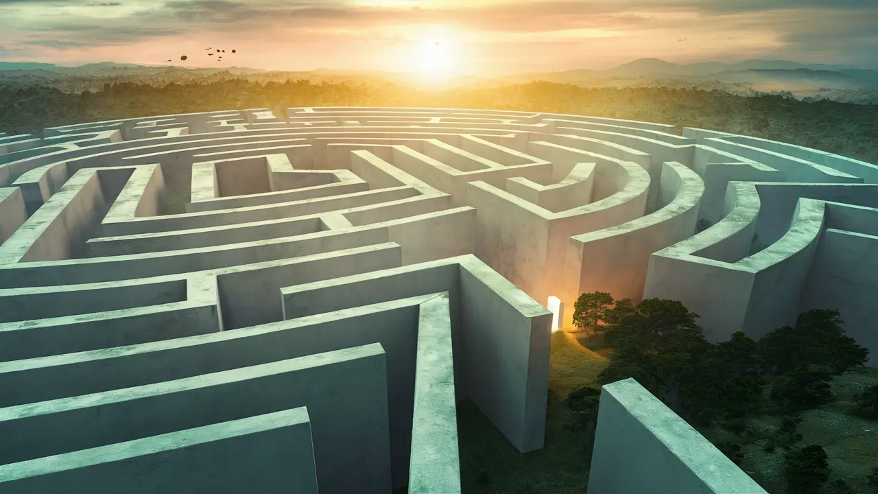 Um labirinto complexo com uma saída brilhante ao fundo simbolizando desafios e soluções.
