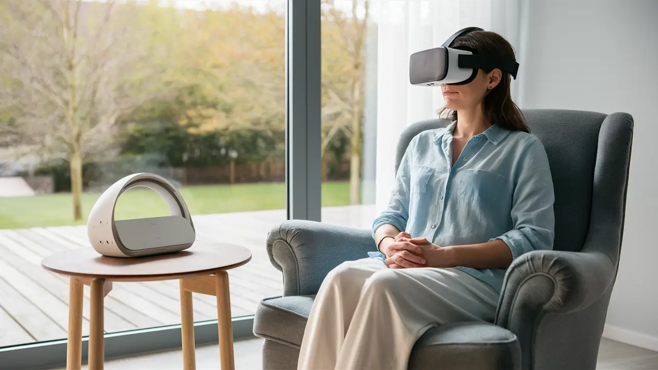 Mulher em uma sala de terapia usando um headset de realidade virtual, com janela mostrando jardim tranquilo.