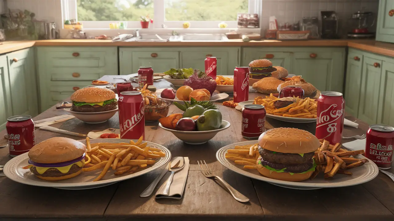 Mesa de jantar bagunçada com fast food contrastando com pequenas tigelas de frutas e vegetais.