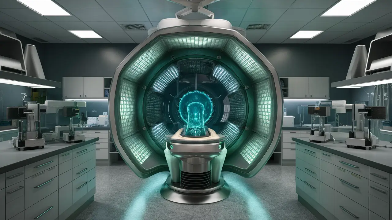 Dispositivo de terapia futurista com painéis azuis e verdes brilhantes em laboratório moderno.