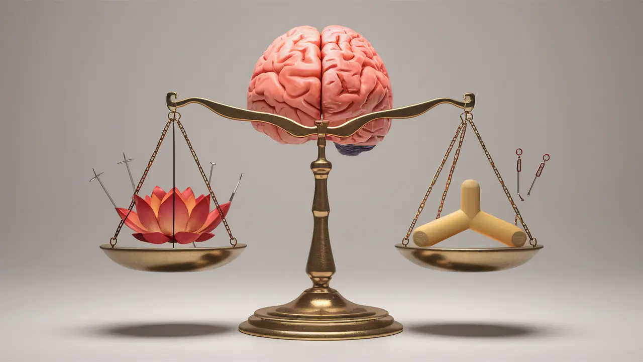 Balança com cérebro de um lado e símbolos de terapias alternativas do outro em fundo neutro.