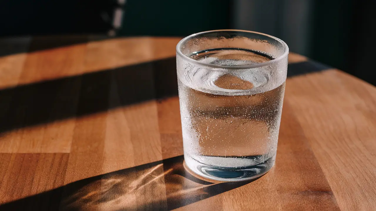 Copo de água com condensação sobre a mesa de madeira iluminada pelo sol.