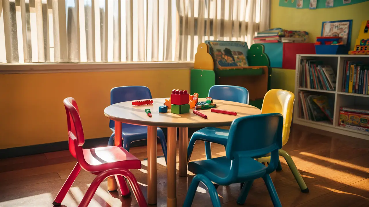 Sala de aula com mesa redonda, cadeiras coloridas, blocos de construção e lápis de cor.