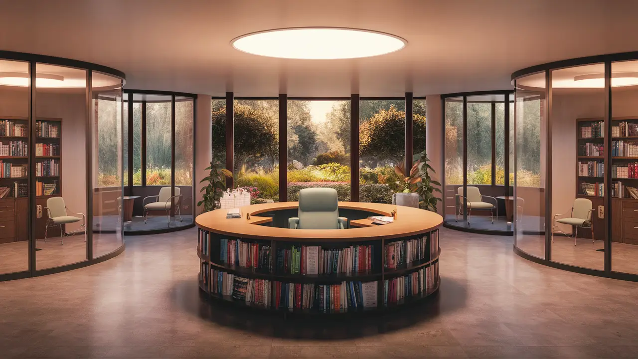 Interior moderno de uma clínica psiquiátrica com estantes de livros e sala de consultas com paredes de vidro.
