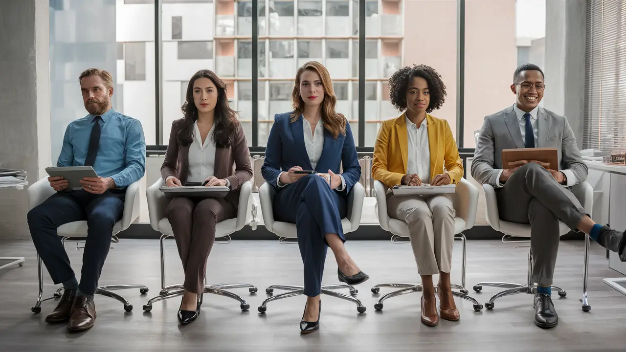 Grupo de cinco terapeutas em um escritório moderno, cada um representando um tipo de psicoterapia com roupas e ferramentas distintas.