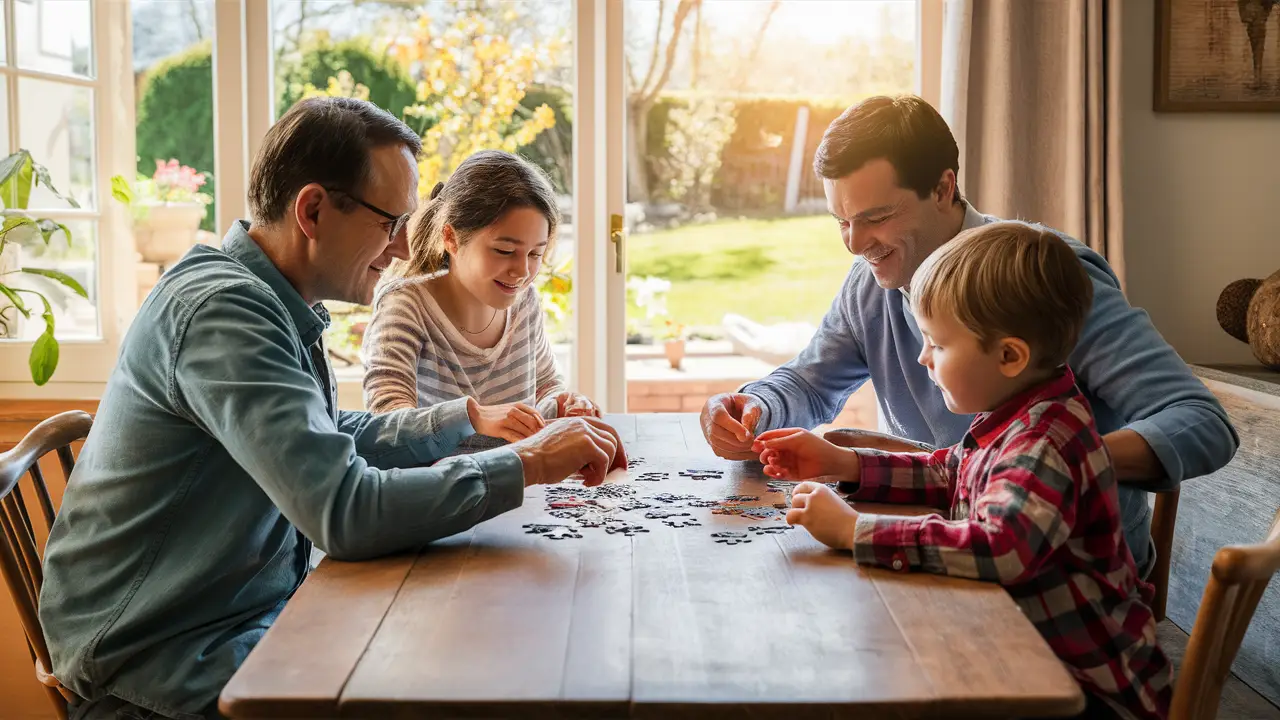 Família de quatro pessoas montando um quebra-cabeça em uma sala de estar aconchegante com janela mostrando um jardim ensolarado.