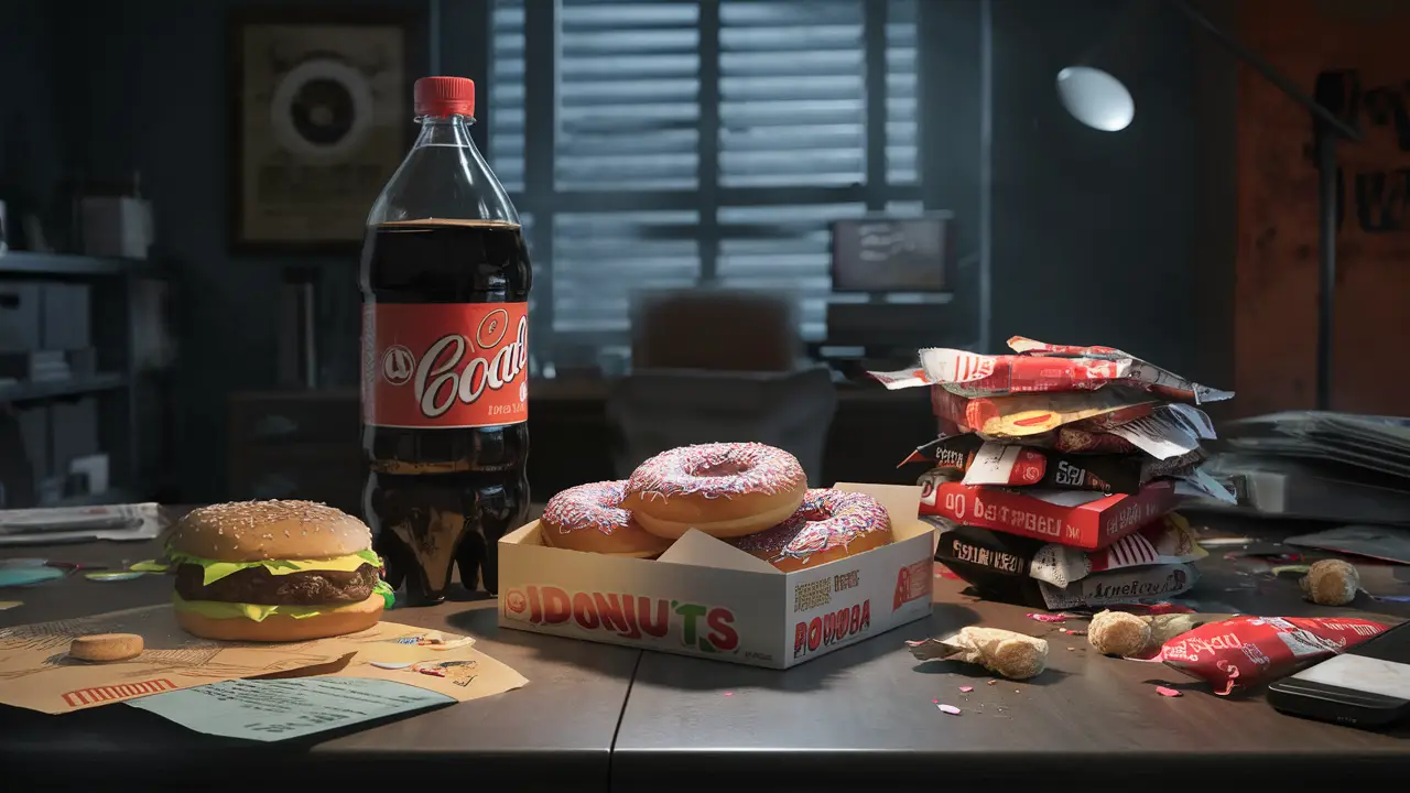 Uma mesa desorganizada com refrigerante, donuts, hambúrguer de fast food e embalagens de comida em um ambiente mal iluminado.