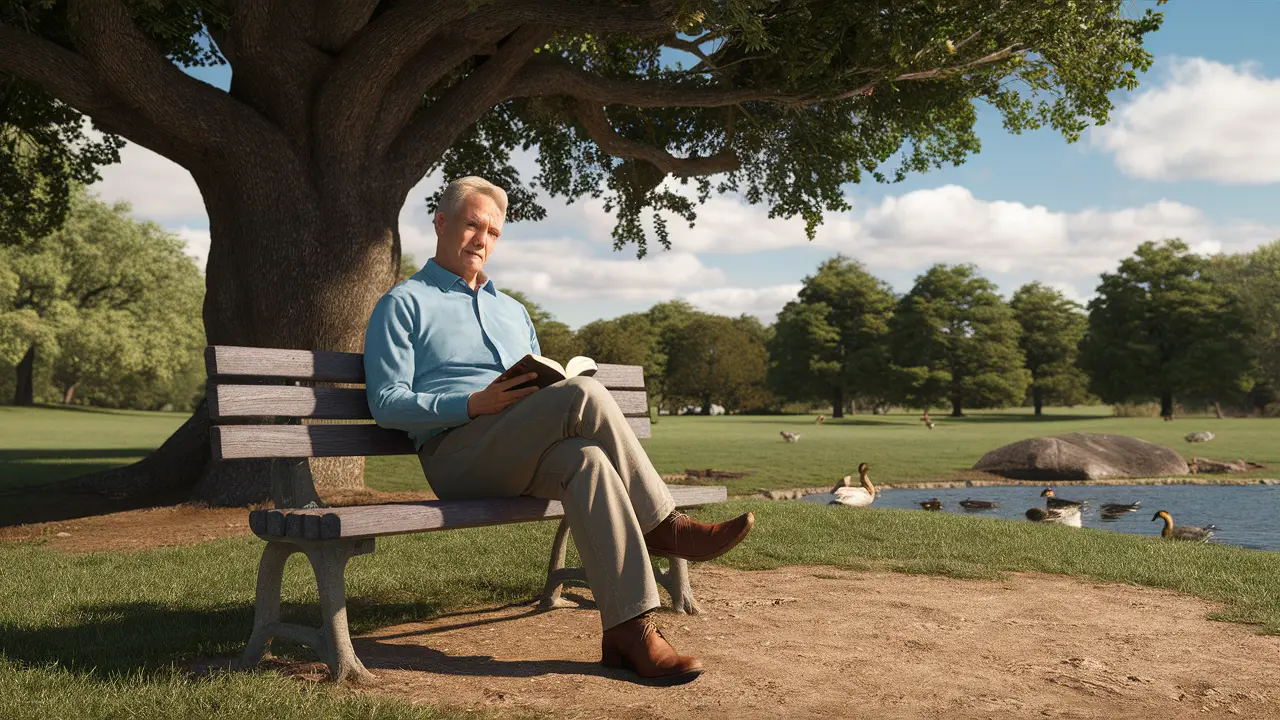 Homem de meia-idade lendo em um banco de parque sob uma árvore, com céu azul e lago ao fundo.