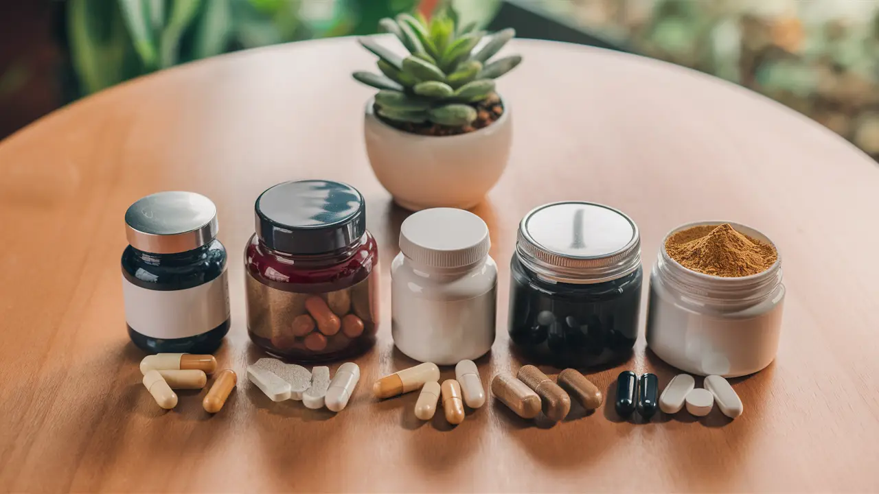 Suplementos diversos em uma mesa de madeira com um vaso de planta ao fundo.
