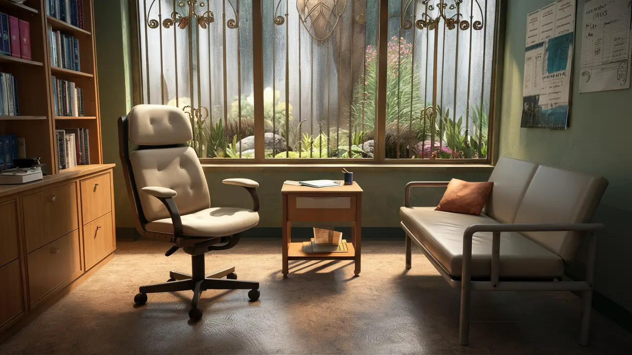 Consultório psiquiátrico com cadeira, sofá para paciente, estantes de livros e janela com vista para jardim tranquilo.