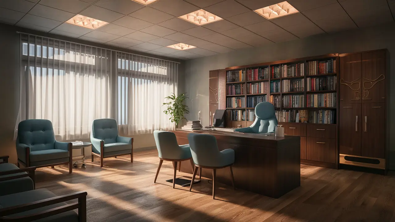 Sala de clínica psiquiátrica moderna com mesa de madeira, cadeiras azuis e estante de livros sob iluminação suave.