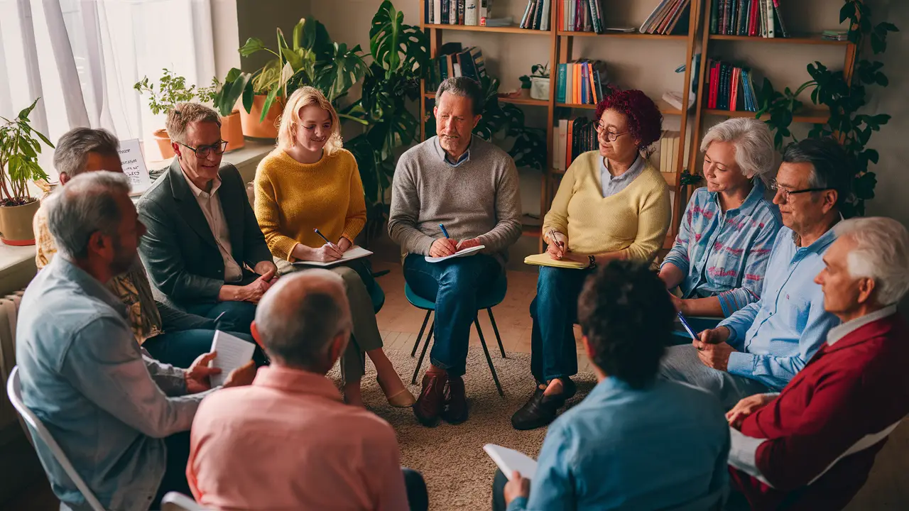 Grupo de pessoas diversas sentadas em círculo em uma sala aconchegante, com plantas e estantes de livros ao fundo.