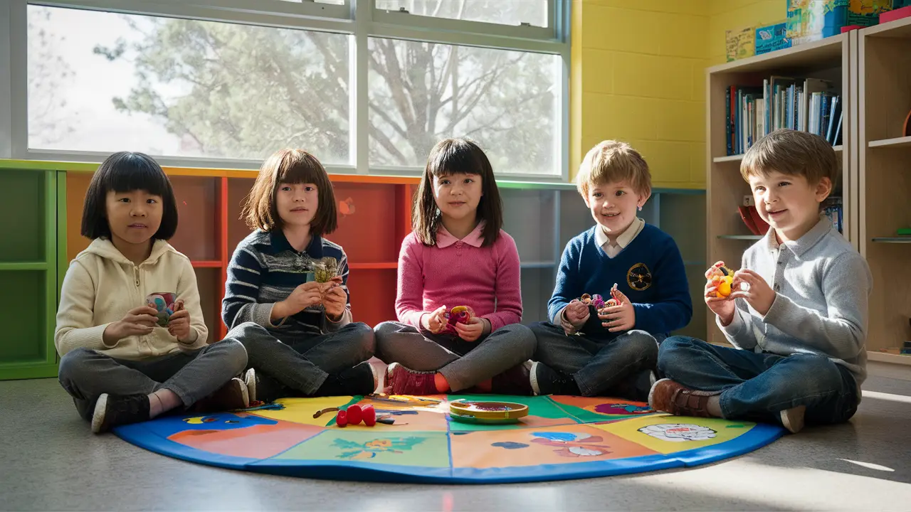 Cinco crianças de tamanhos diferentes em uma sala de aula com brinquedos e tapete colorido, luz do dia entrando pela janela.