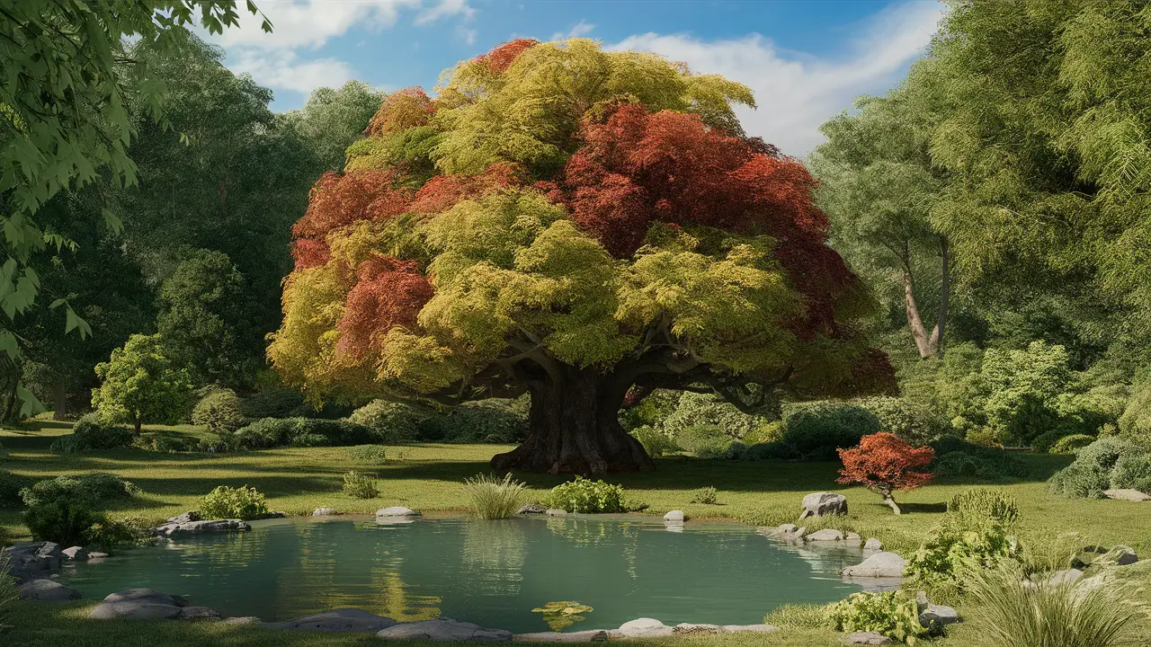 Árvore colorida central em um jardim tranquilo com plantas verdes e lagoa refletindo o céu azul.