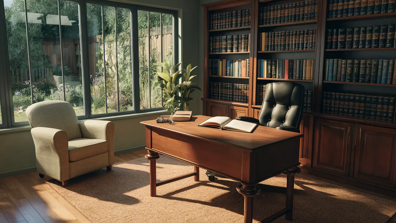 Consultório psiquiátrico com mesa de madeira, poltrona confortável e janela mostrando jardim sereno.