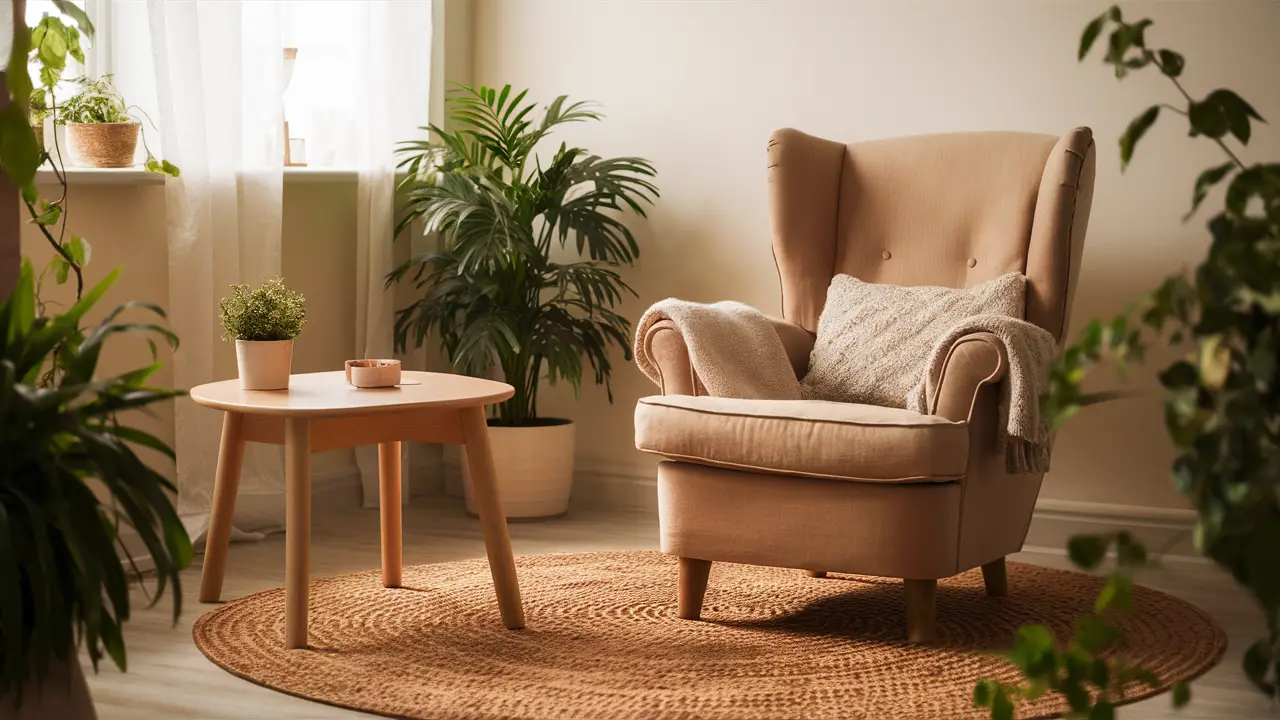 Sala de terapia acolhedora com poltrona confortável, mesa de madeira pequena e plantas verdes ao redor.