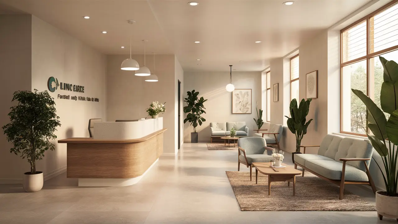 Recepção de clínica moderna com mesa de madeira, plantas em vasos e assentos confortáveis sob luz natural.