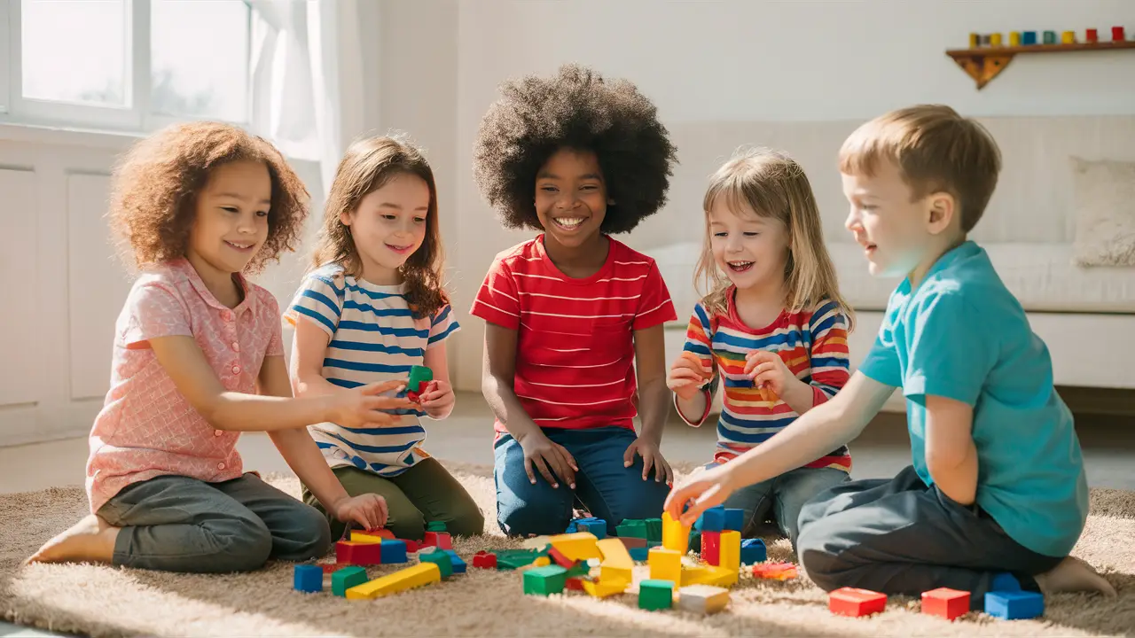 Cinco crianças brincando com blocos coloridos em um tapete bege em um quarto iluminado pelo sol.