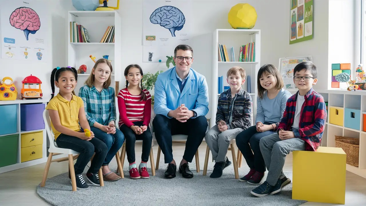 Crianças e neuropsicólogo em sala iluminada com brinquedos educativos e diagramas do cérebro nas paredes.