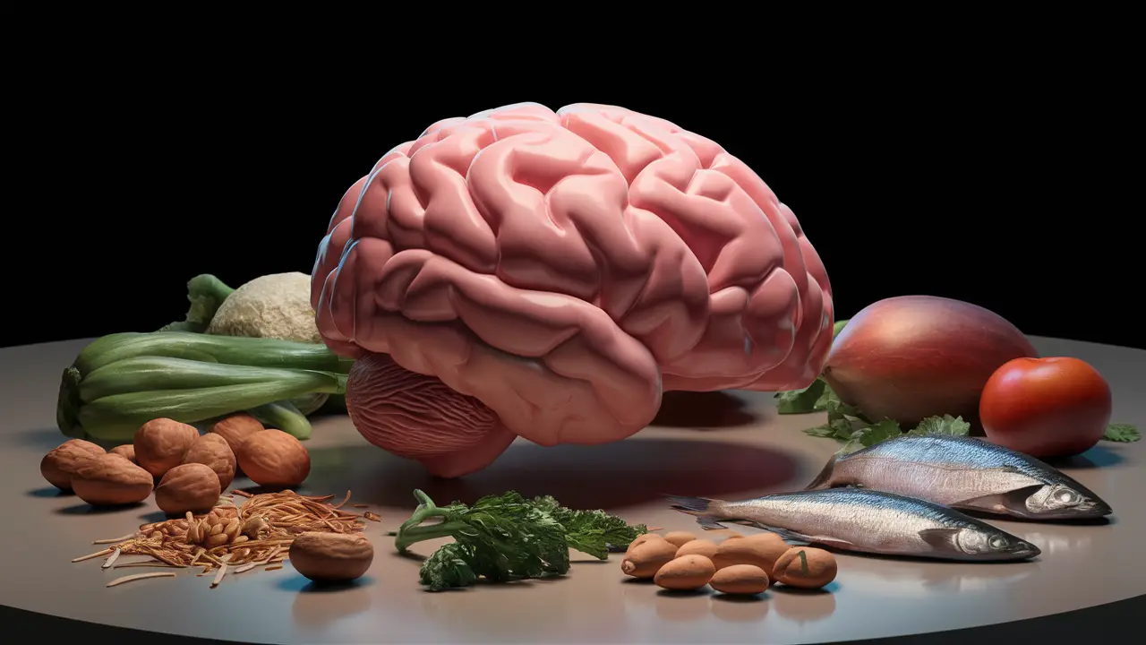 Cérebro humano em uma mesa cercado por vegetais, frutas, nozes e peixes variados.
