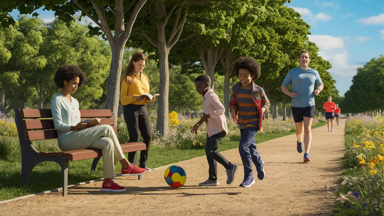 Pessoas interagindo positivamente em um parque, incluindo leitura, brincadeiras e exercícios em um dia ensolarado.