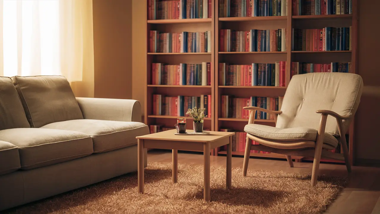 Sala de terapia com sofá confortável, mesa de centro de madeira e estante de livros coloridos.